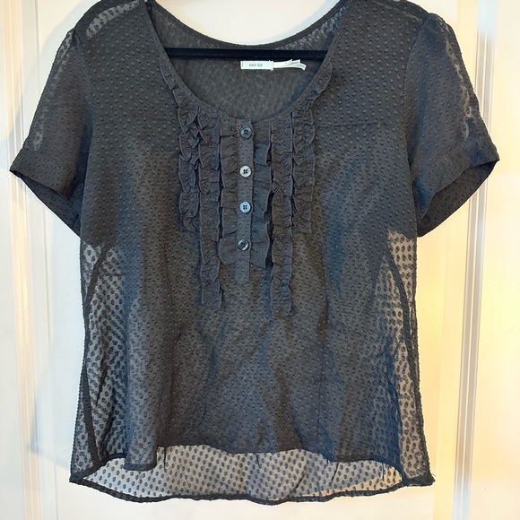 Kimchi Blue Black Sheer Swiss Dot Ruffle Bib Button Down Short Sleeve To… - Picture 1 of 9